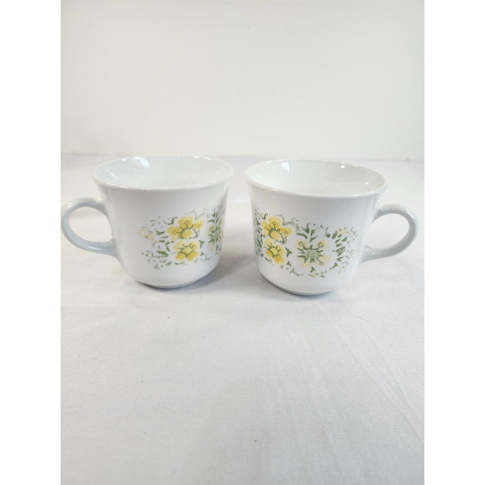Vintage Corelle by‎ Corning Meadow Teacup Set of 2 Yellow Floral White Mugs